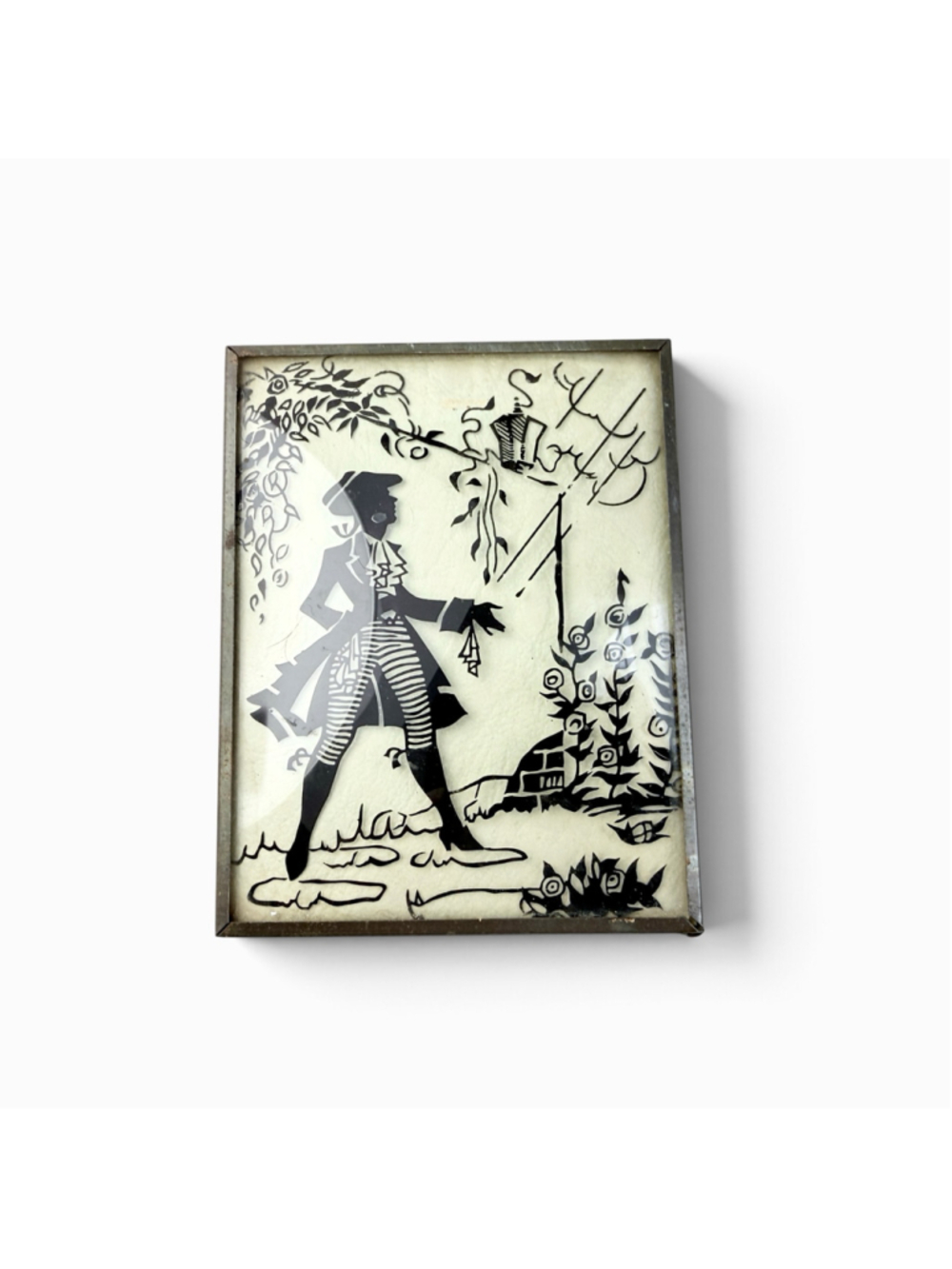 Vintage Victorian Silhouette Reverse Painted Convex Glass, Framed Colonial Man